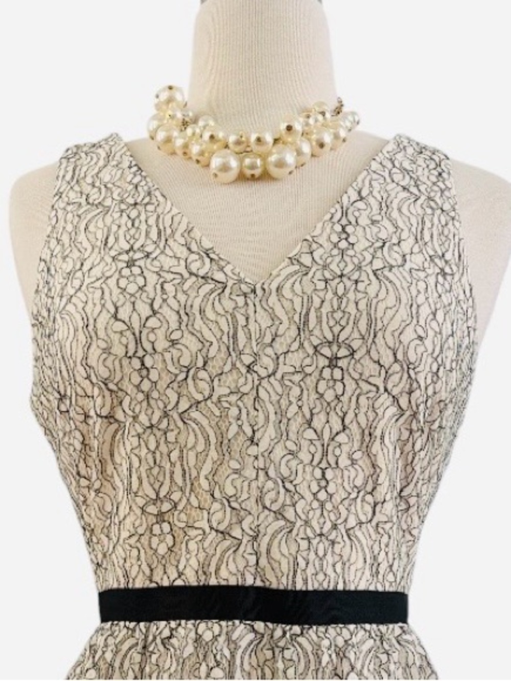 NWT-Ivory Lace V-Neck Mini Dress with Black Waistband - Picture 3 of 9
